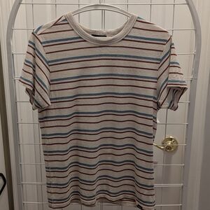 Prana Cream Short-Sleeve Crew with Blue & Brown Stripes